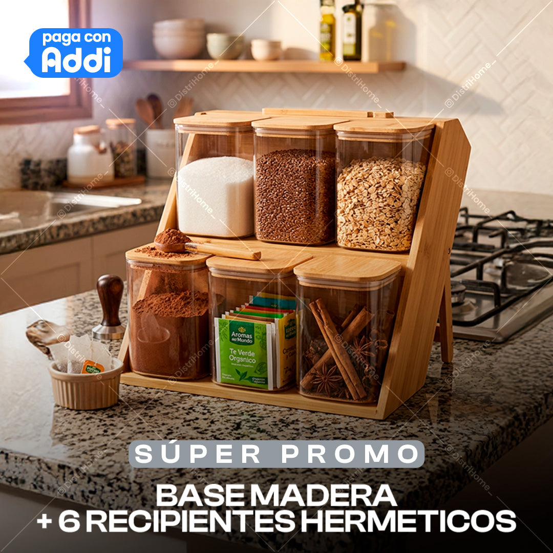 BASE MADERA + 6 RECIPIENTES HERMETICOS CON TAPA MADERA