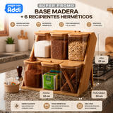 BASE MADERA + 6 RECIPIENTES HERMETICOS CON TAPA MADERA