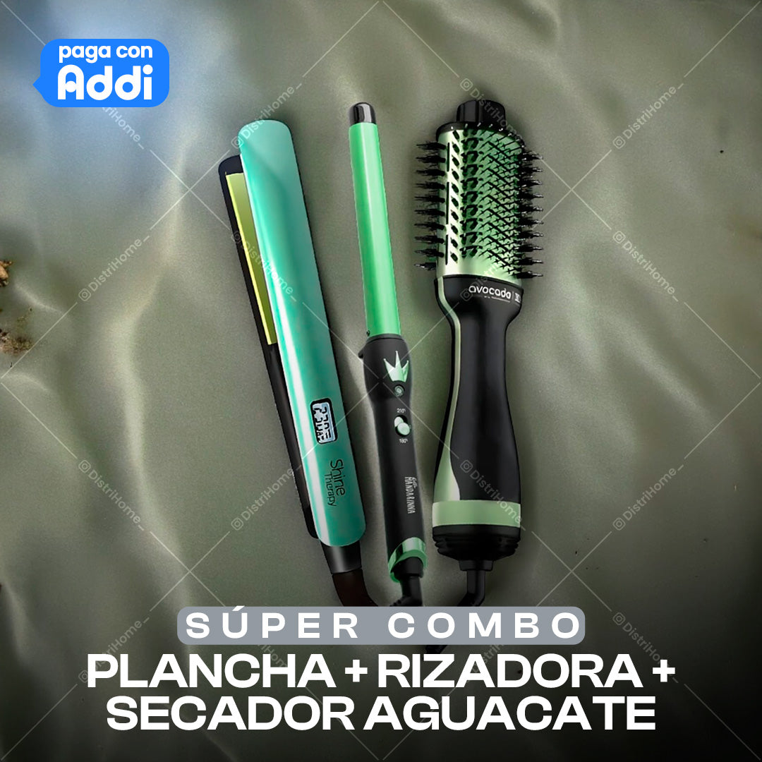 PLANCHA AGUACATE+ CEPILLO AGUACATE + RIZADORA TUB AGUACATE
